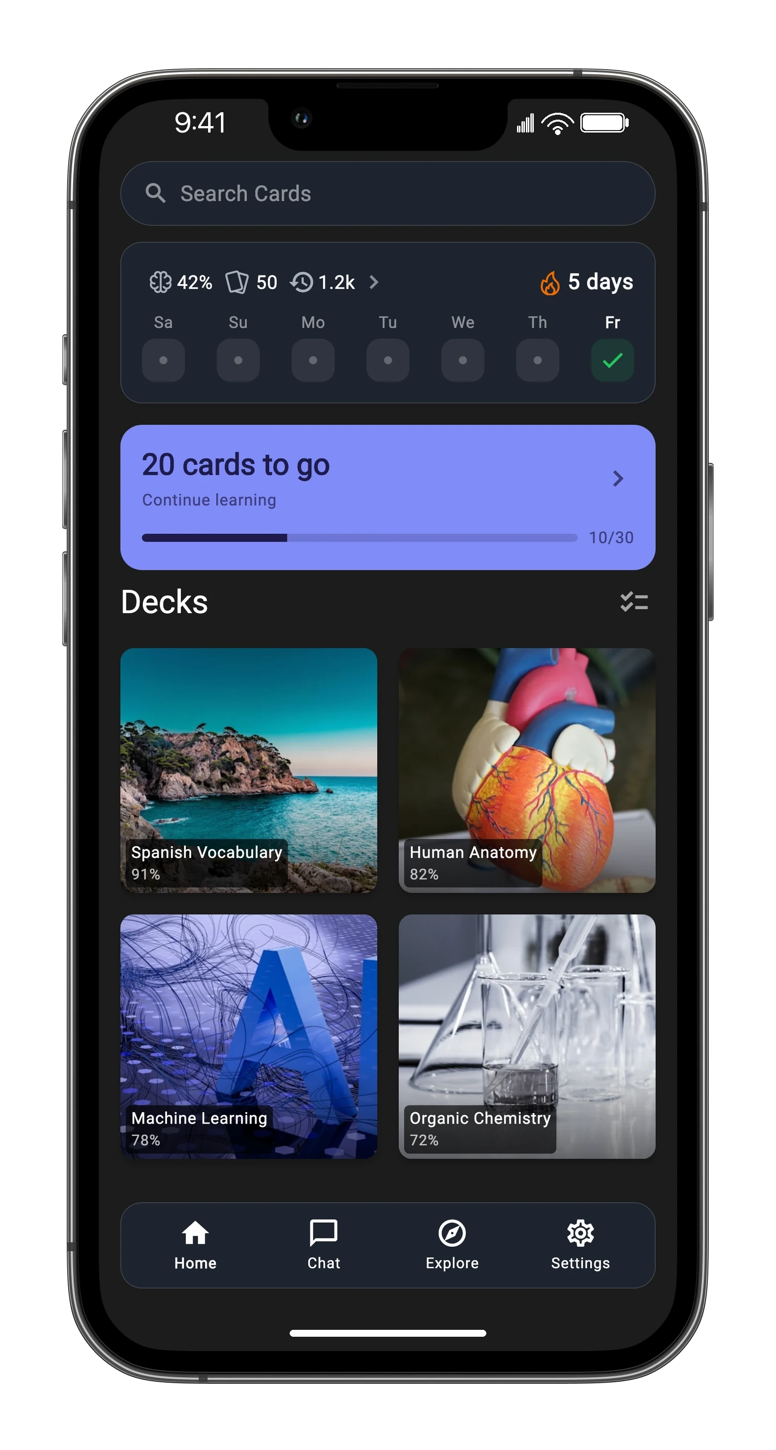 Space App: home screen with flashcard decks and daily learning progress